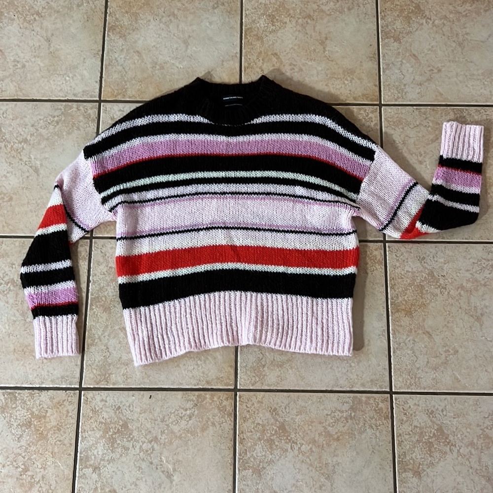 Something Navy Pink Red Brown‎ Cream Stripes Sweater, Sz XS